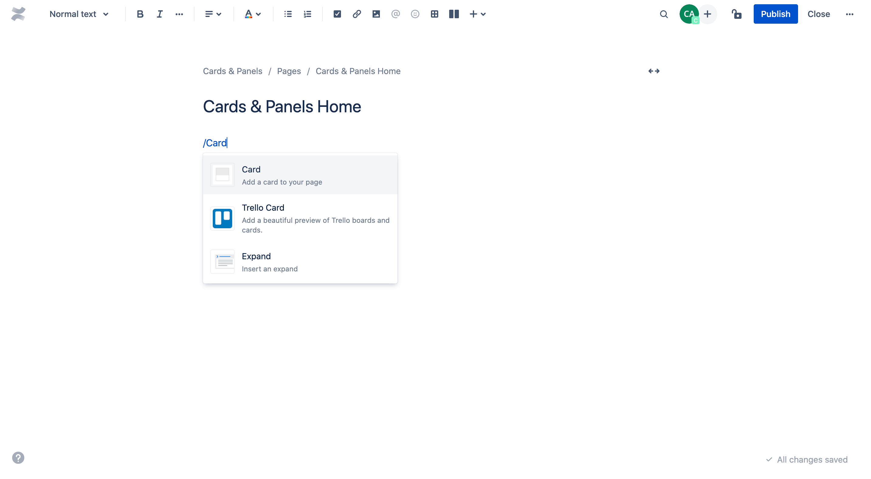 Adding the Card macro in the Confluence editor.